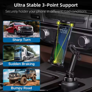 Made with heavy-duty adjustable base, the car tablet holder is capable to securely lock inside cupholder of cars, trucks, pickups, suVs, boats or any other vehicles.